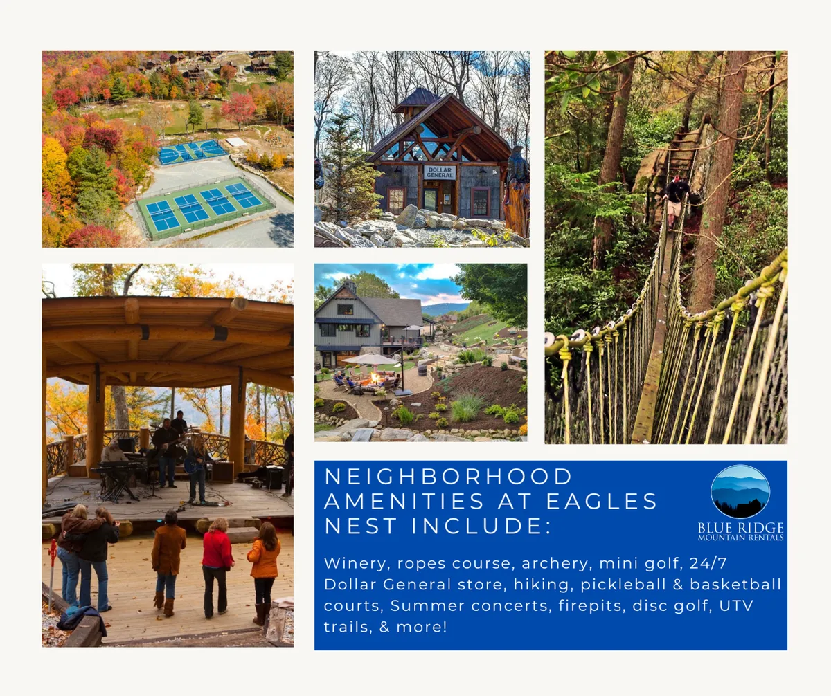 This image captures a vibrant mix of community amenities, including a ropes course, archery area, events stage, swimming pool, and breathtaking mountain views. The scene pulses with energy and possibilities for adventure, socializing, and relaxation within the Eagles Nest community.