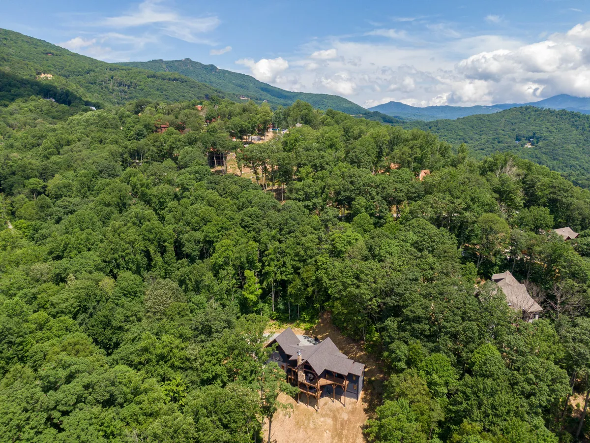 A serene view of a single house nestled amid dense forests and rolling mountains. The wide angle showcases the expansive natural beauty surrounding the property, hinting at trails, wildlife, and outdoor activities that can be explored by families.
